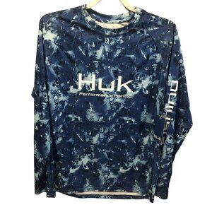HUK Pursuit Crew Fin Flats Blue Camo LS Mens Fishing Shirt Sz M UPF 50 NWT